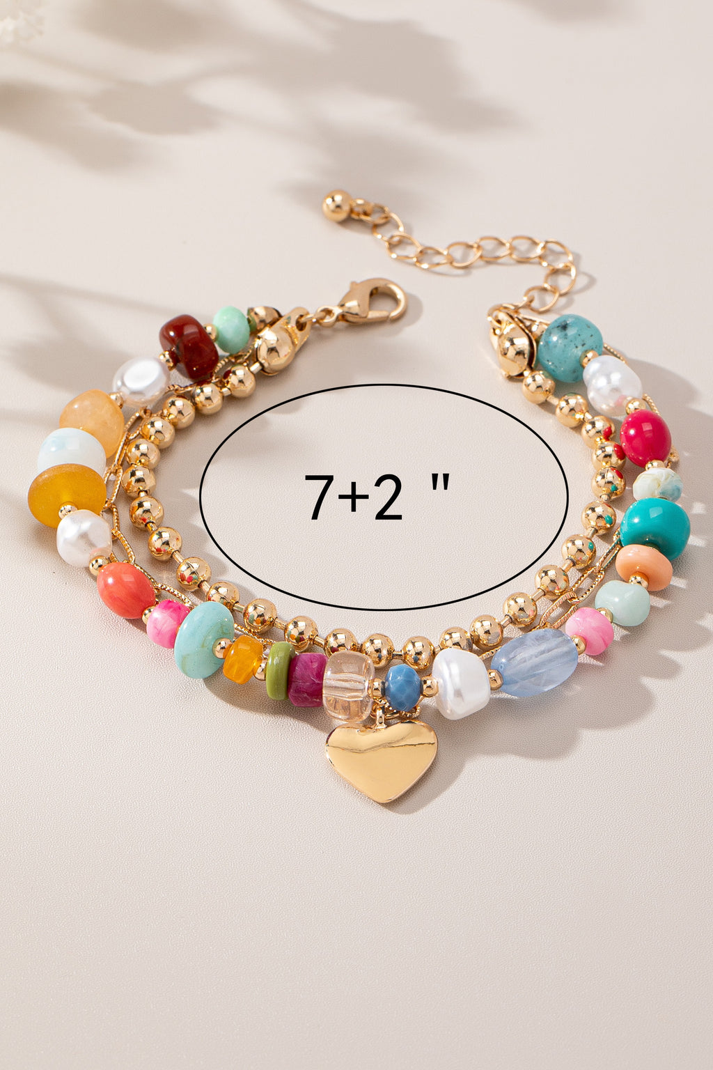 3 Layer Multi Color Bead Heart Charm Bracelet