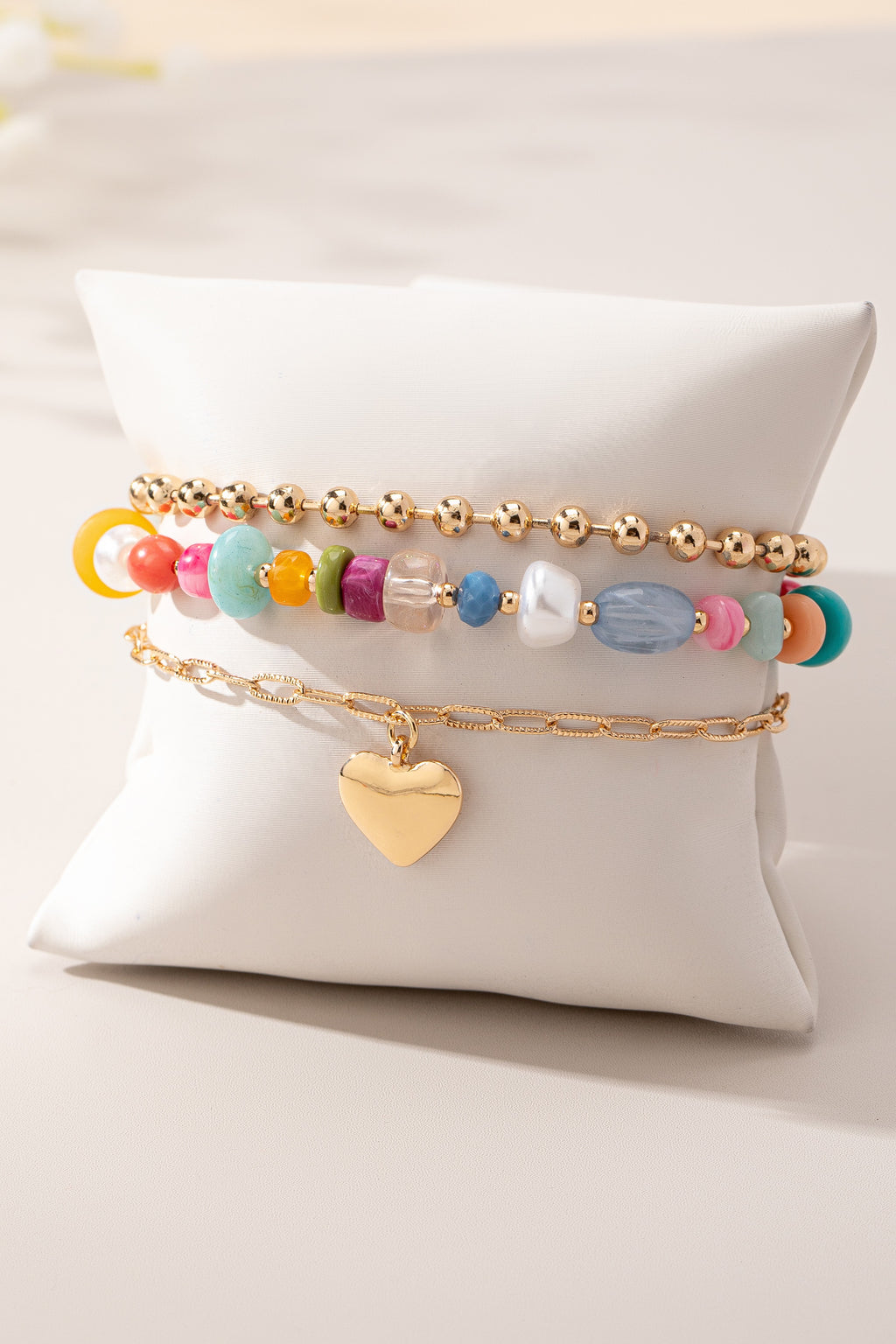 3 Layer Multi Color Bead Heart Charm Bracelet