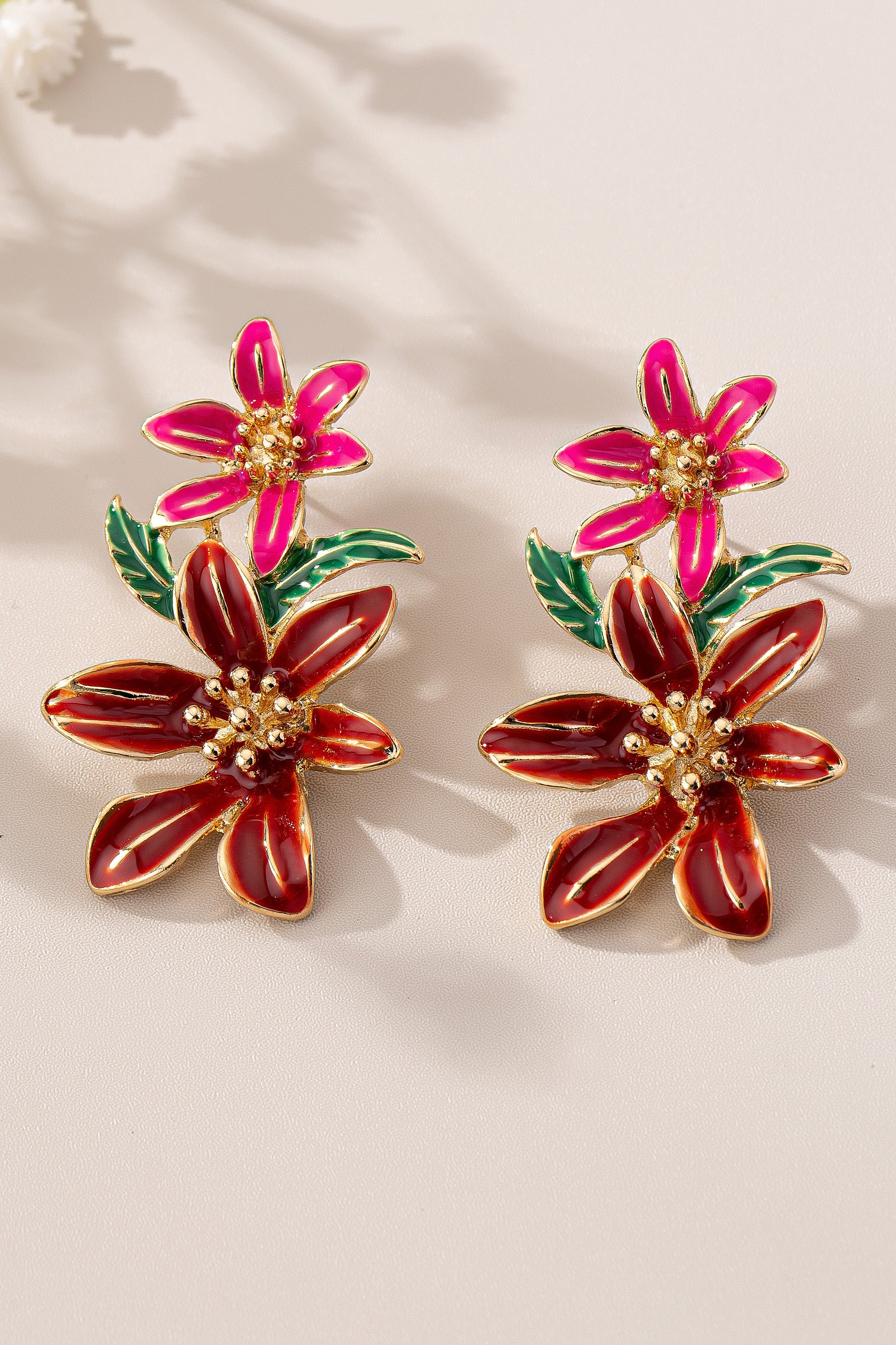 Double Red Enamel Flower Earrings