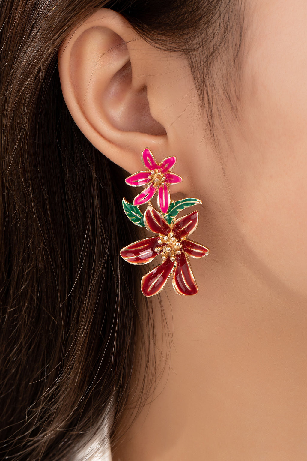 Double Red Enamel Flower Earrings