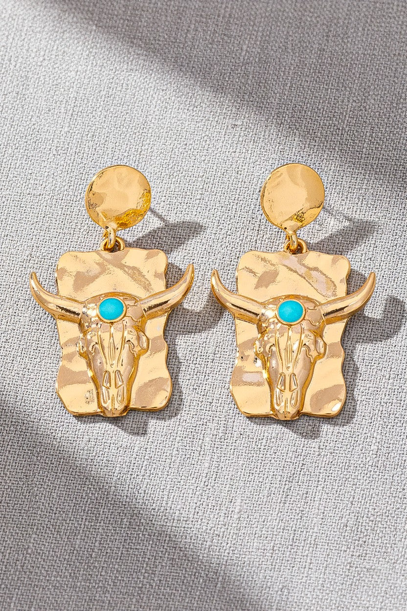 Bull Skull Drop Earrings With Turquoise Accent