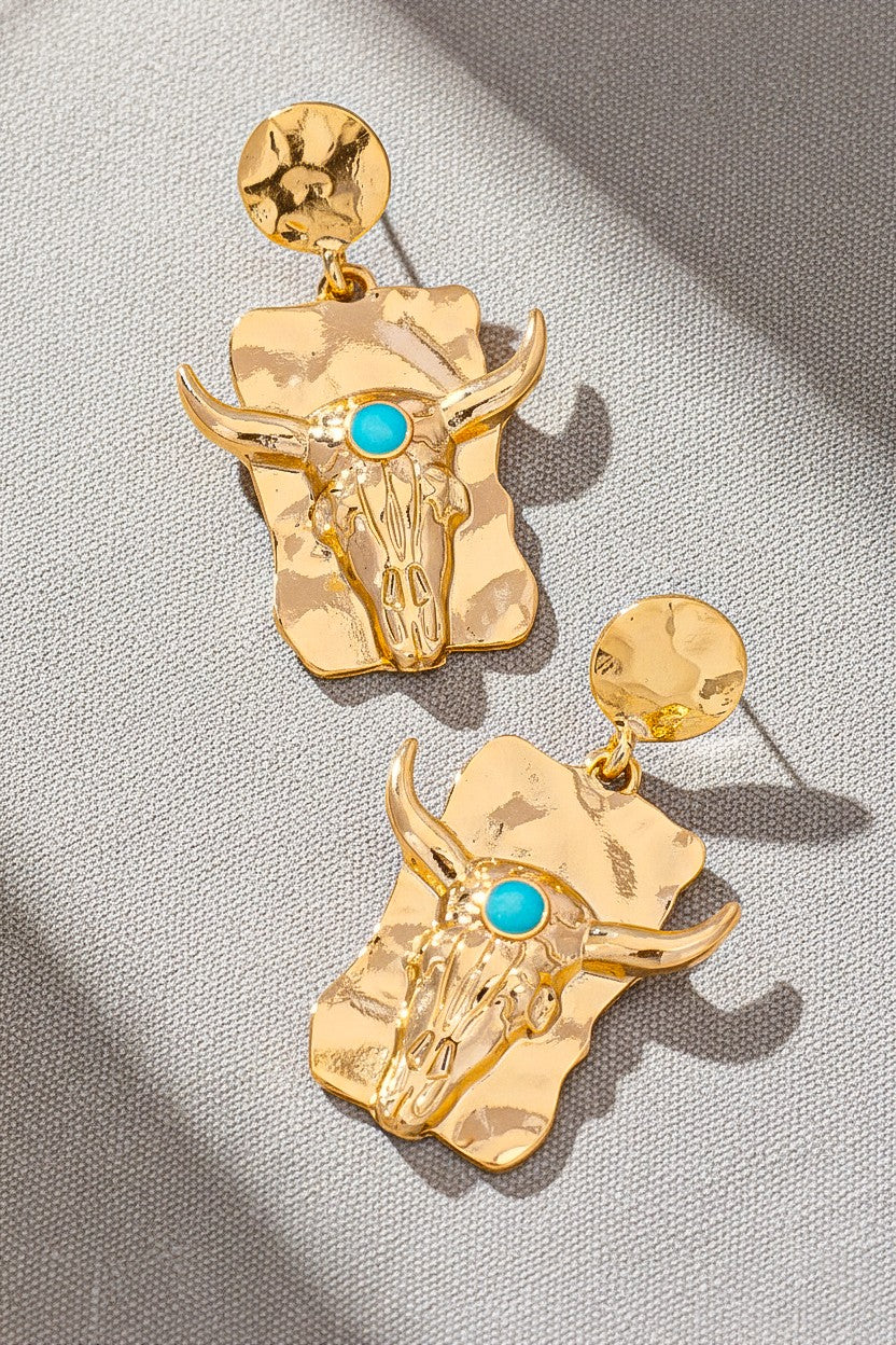 Bull Skull Drop Earrings With Turquoise Accent
