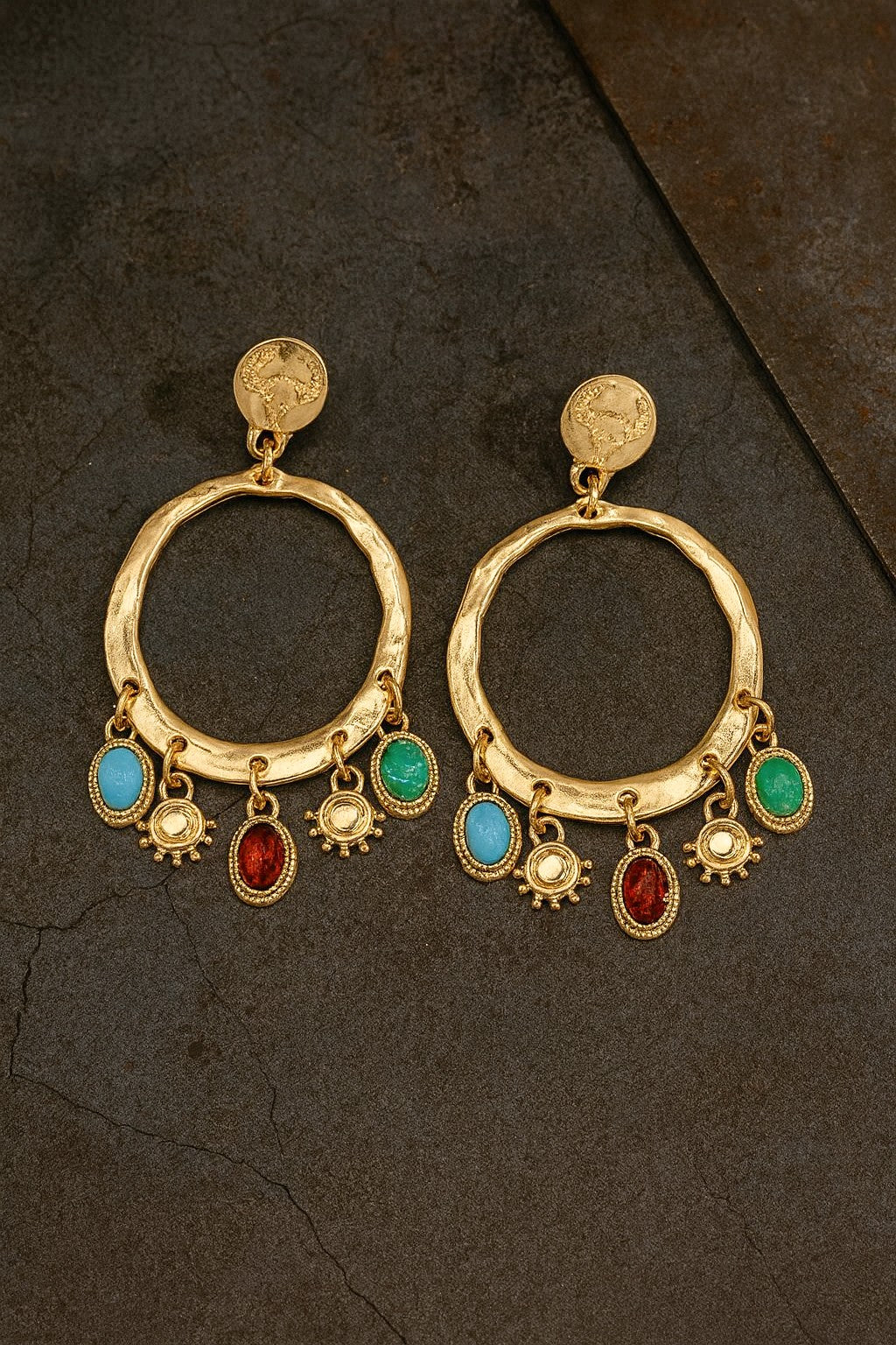 Gold Hoop Earrings With Colorful Gem Charms