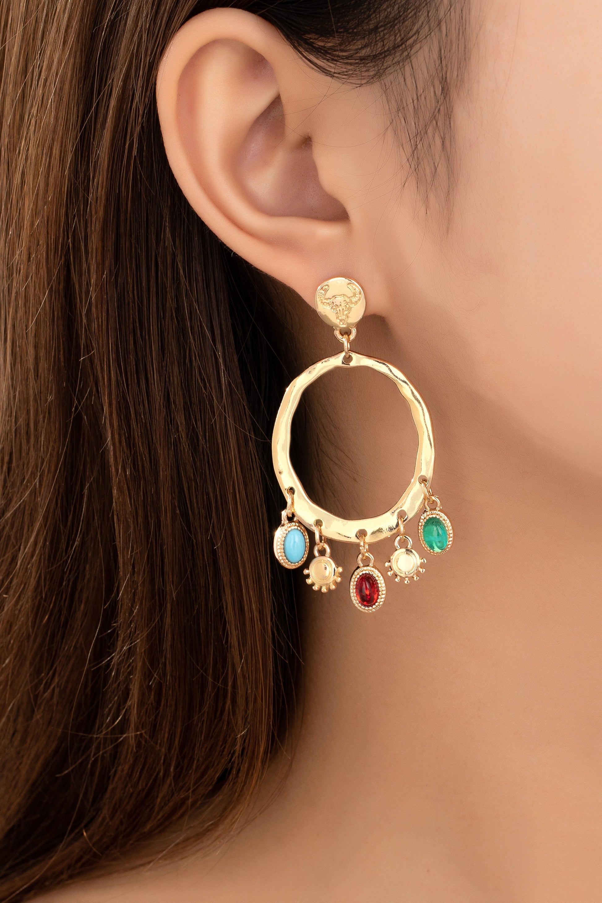 Gold Hoop Earrings With Colorful Gem Charms