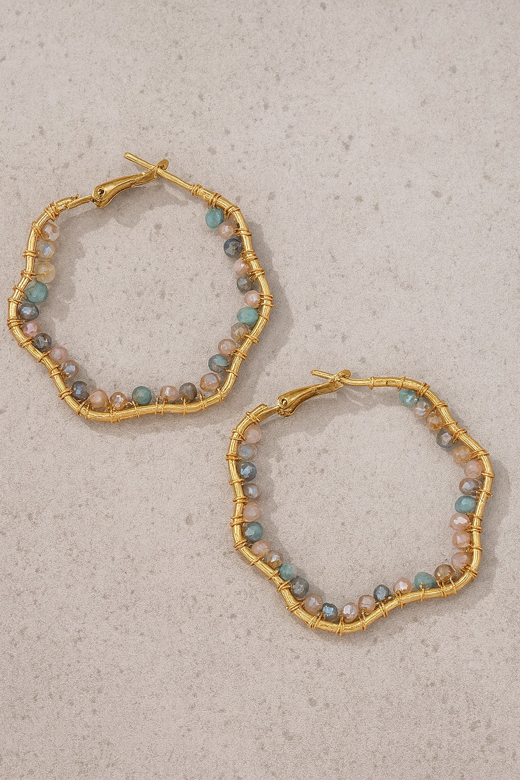 Earth Wavy Gold Beaded Hoop Earrings