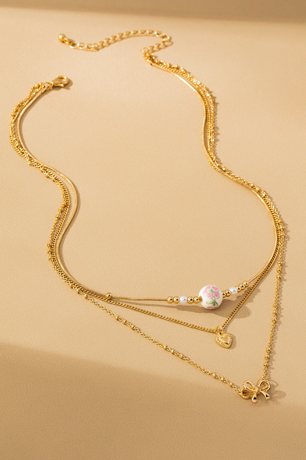 Bow Heart & Ceramic 3 Layer Necklace