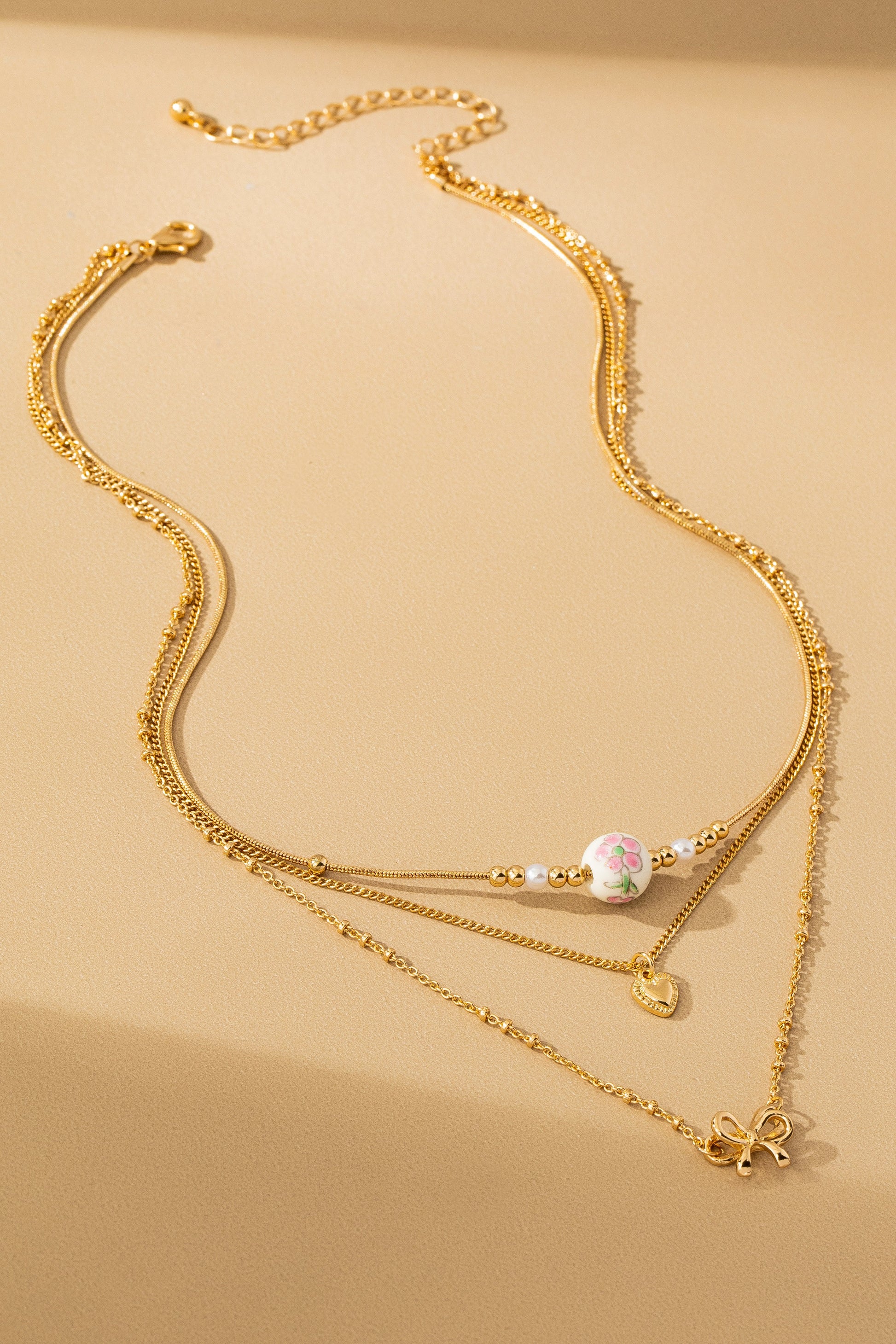 Bow Heart & Ceramic 3 Layer Necklace