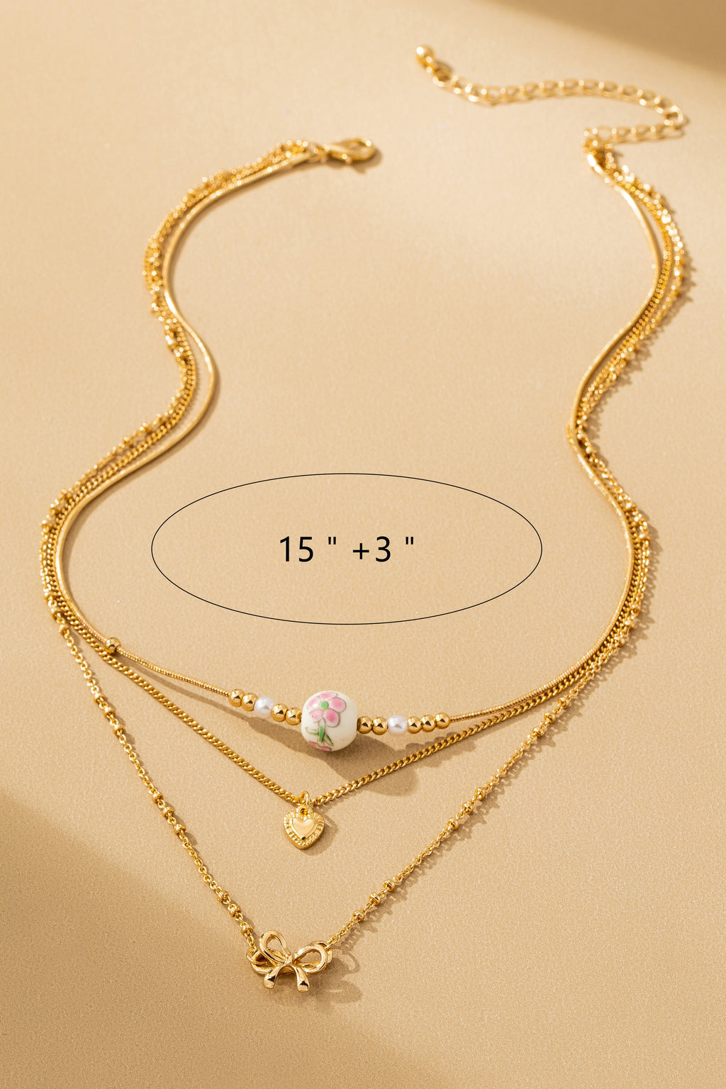 Bow Heart & Ceramic 3 Layer Necklace