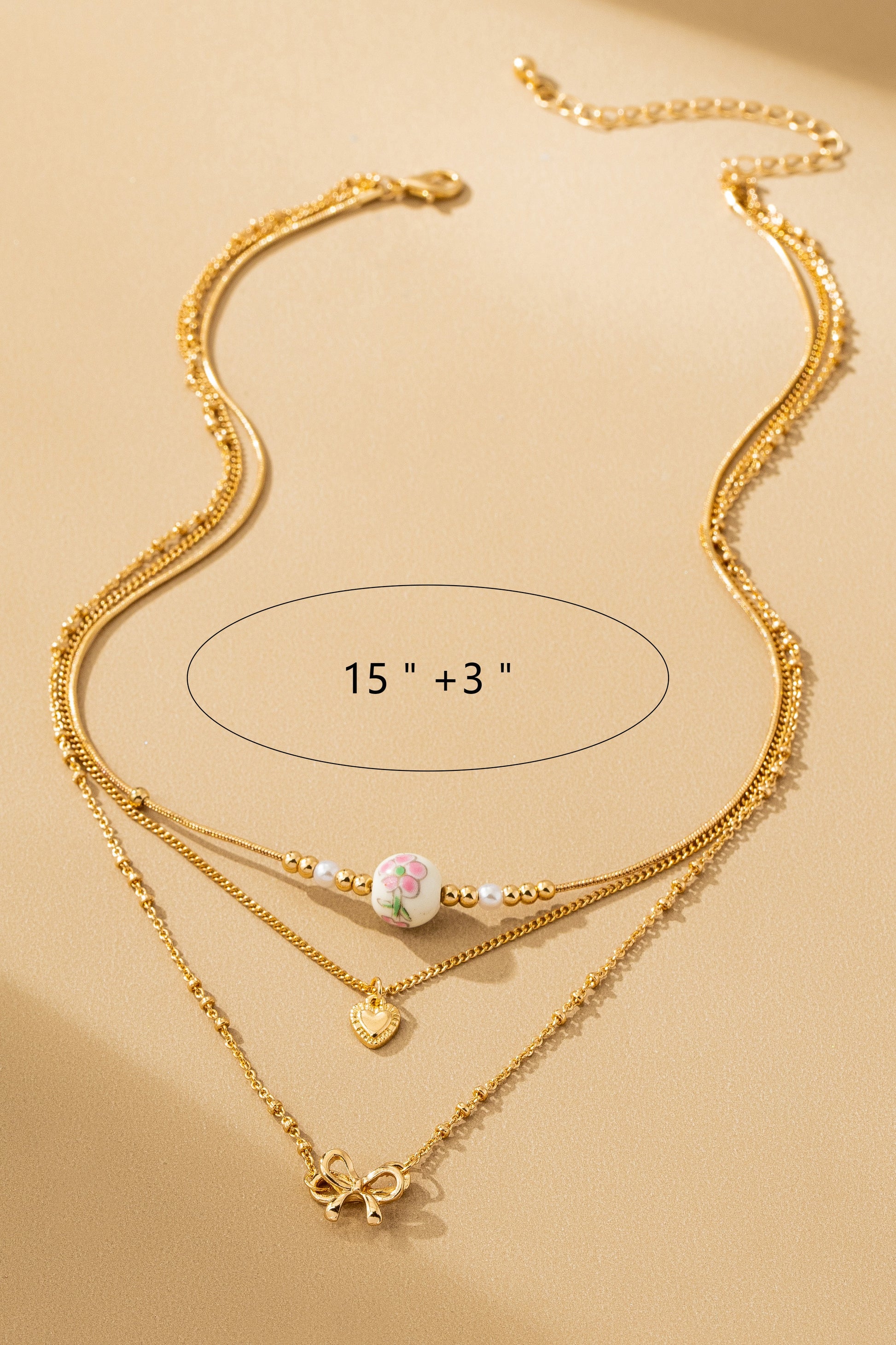 Bow Heart & Ceramic 3 Layer Necklace