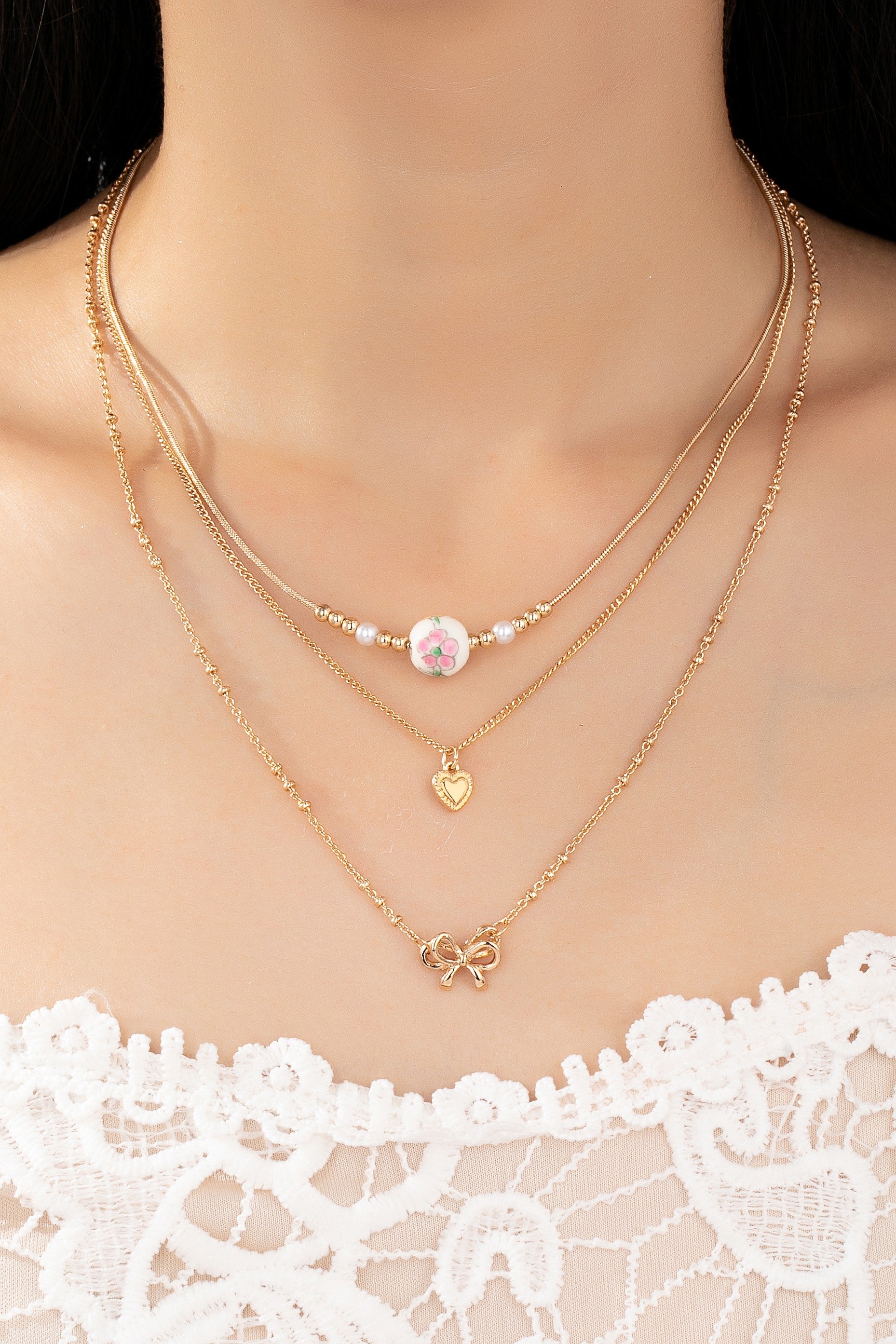 Bow Heart & Ceramic 3 Layer Necklace
