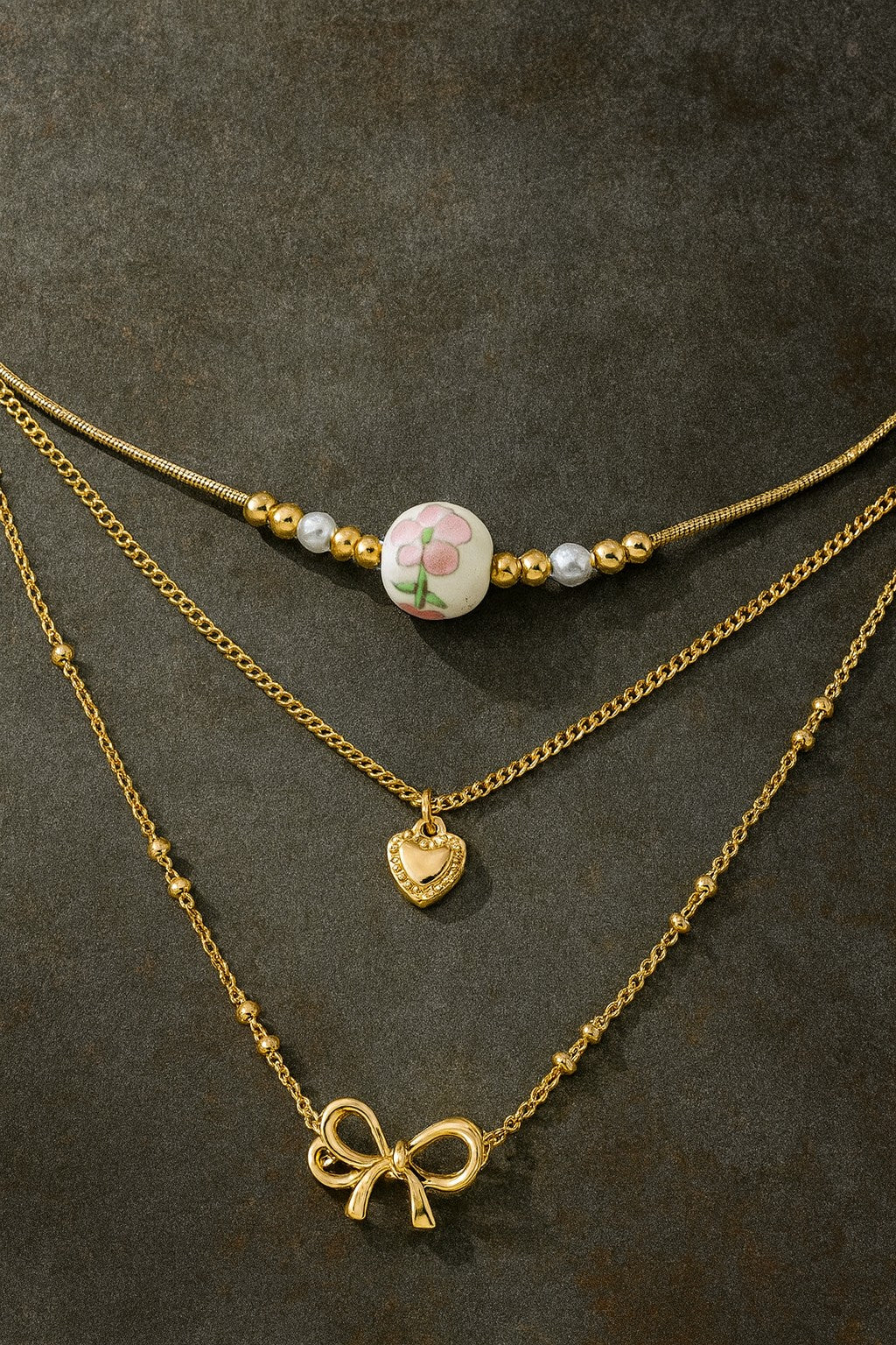 Bow Heart & Ceramic 3 Layer Necklace