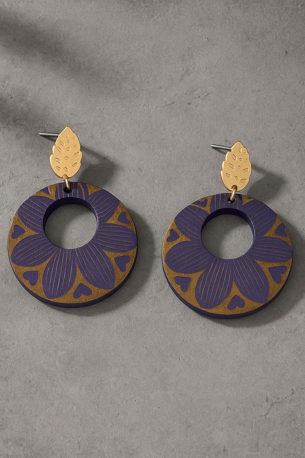 Engraved Purple Flower Wood Hoop Earrings
