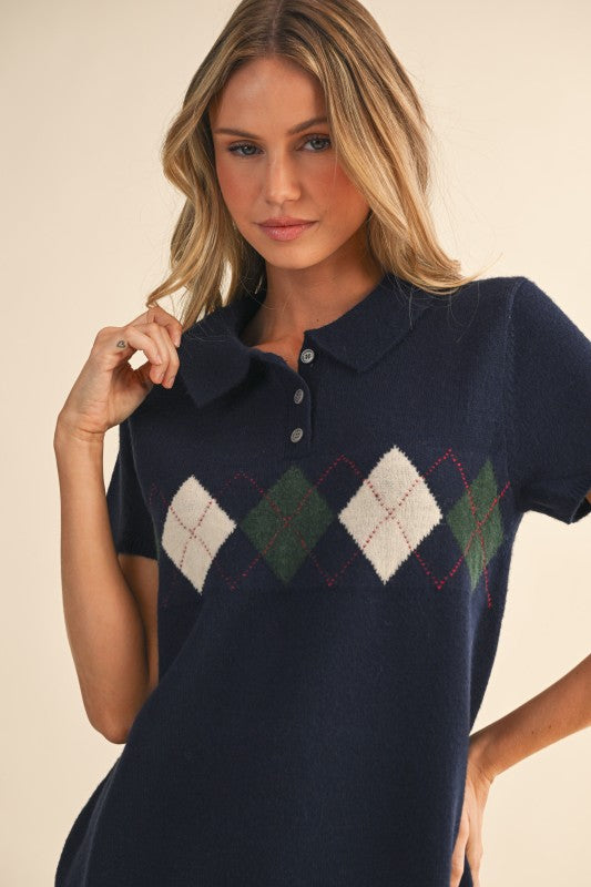 Argyle Mini Sweater Dress - Navy