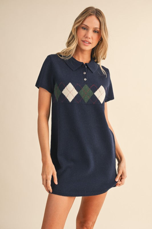 Argyle Mini Sweater Dress - Navy