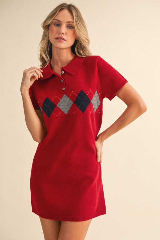 Argyle Mini Sweater Dress - Red