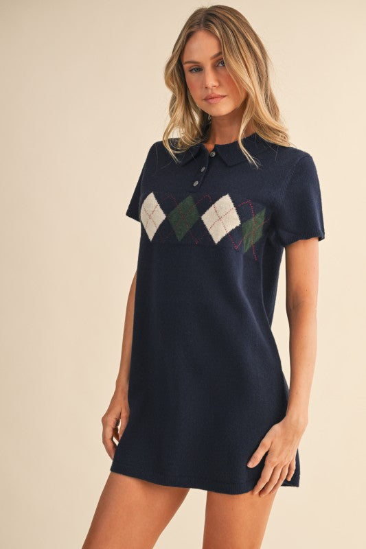 Argyle Mini Sweater Dress - Navy