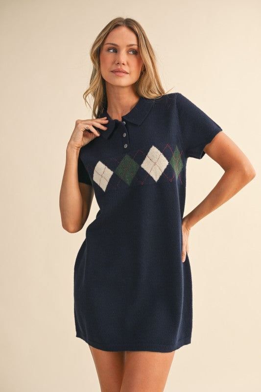 Argyle Mini Sweater Dress - Navy