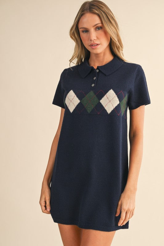 Argyle Mini Sweater Dress - Navy