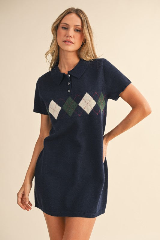 Argyle Mini Sweater Dress - Navy