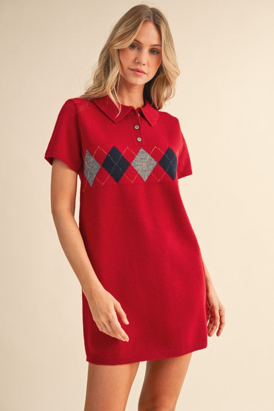 Argyle Mini Sweater Dress - Red