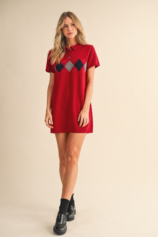 Argyle Mini Sweater Dress - Red