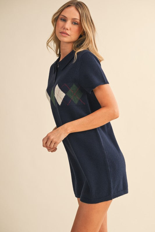 Argyle Mini Sweater Dress - Navy
