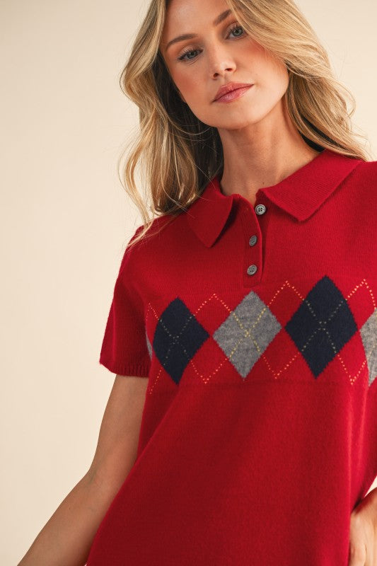 Argyle Mini Sweater Dress - Red