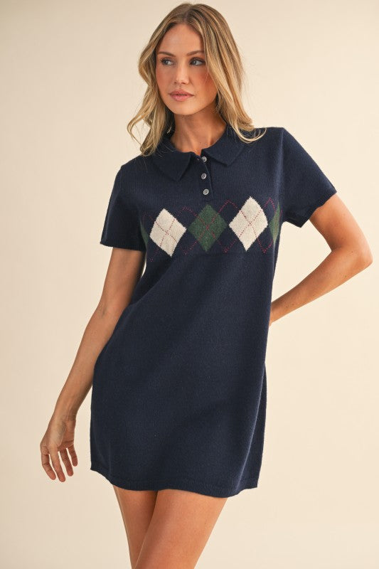 Argyle Mini Sweater Dress - Navy
