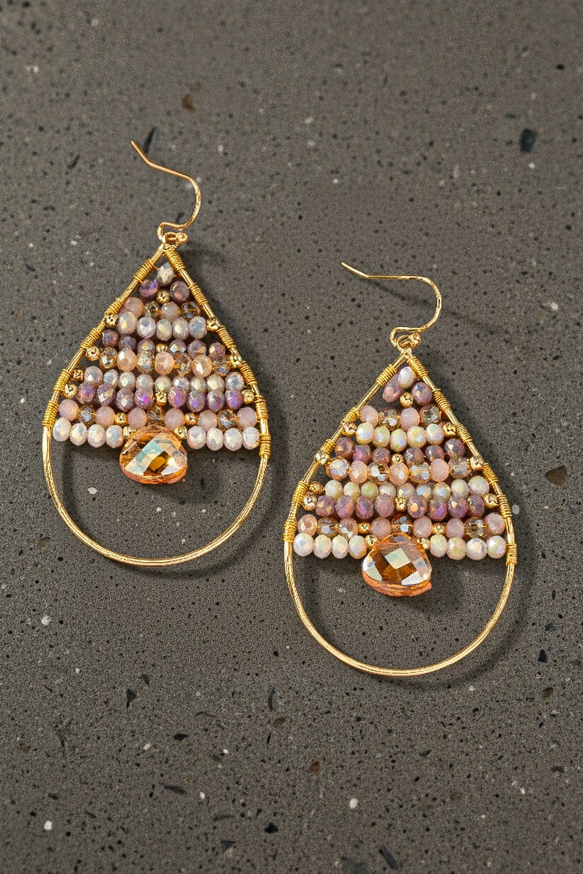 Peach Faceted Glass Beaded Teardrop Hoop Earrings