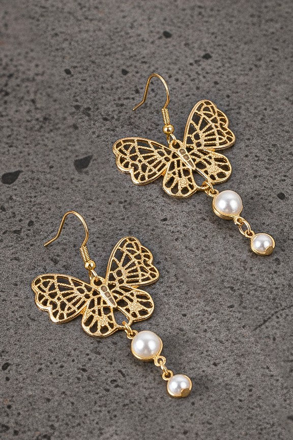 Filigree Butterfly Pearl Drop Earrings