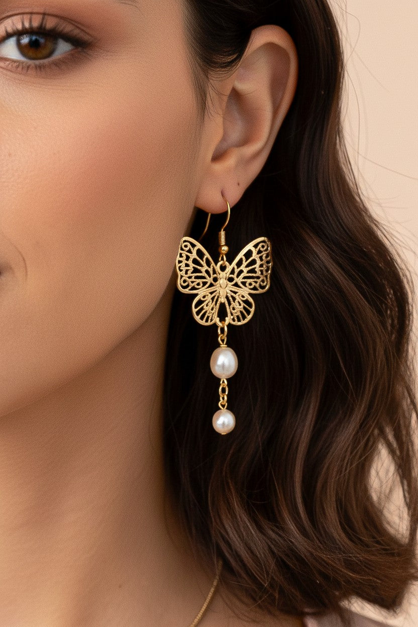 Filigree Butterfly Pearl Drop Earrings