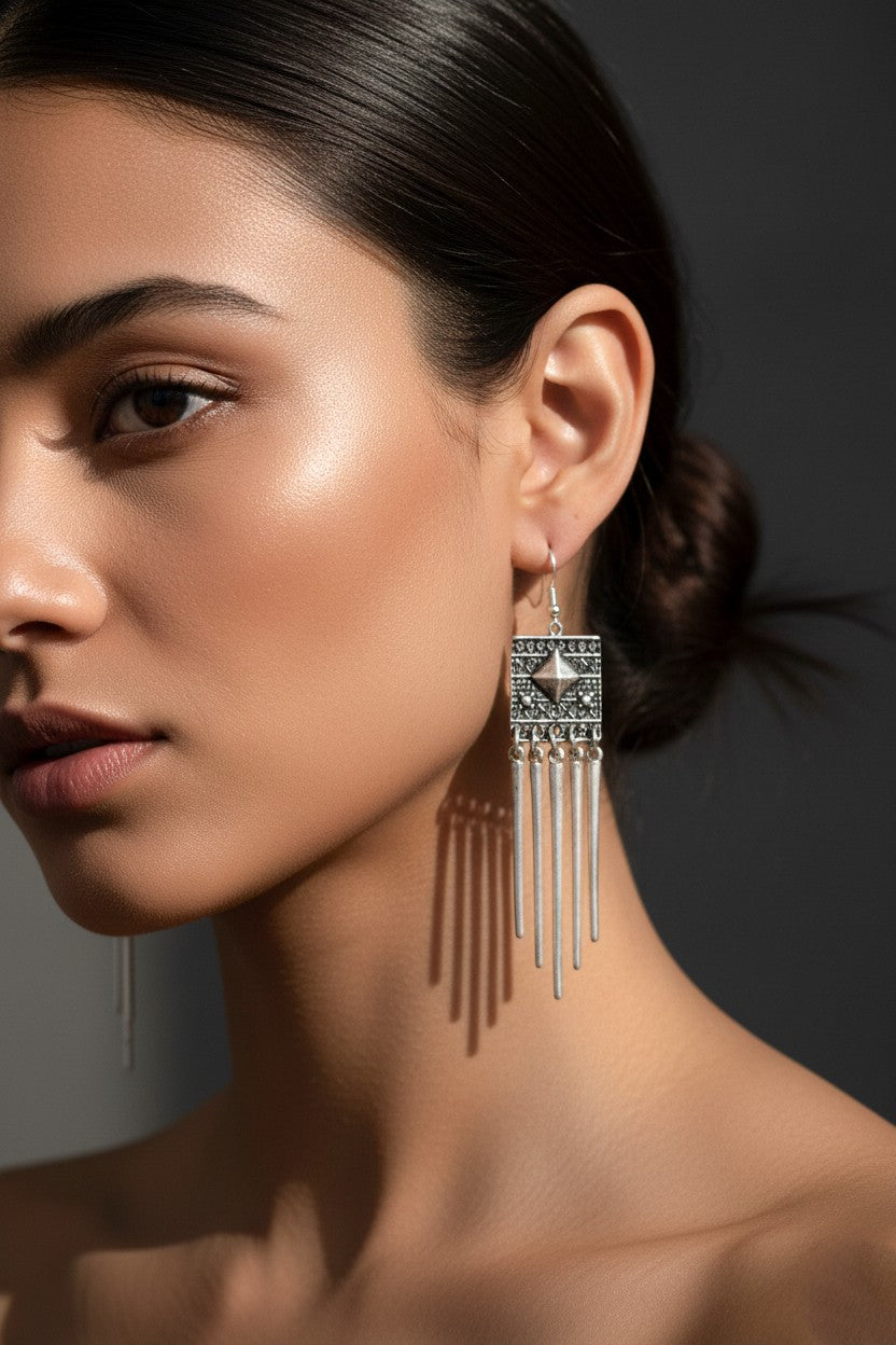 Boho Etched Square With Stick Drops Earrings