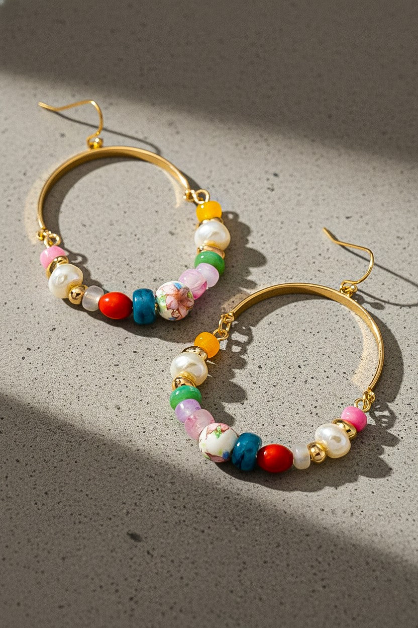 Fiesta Bloom Ceramic Floral Beaded Hoop Earrings