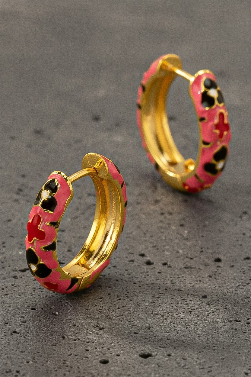 Red Flower Huggie Hoop Earrings