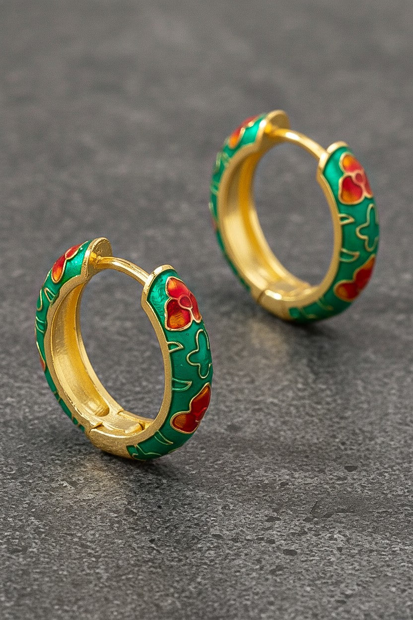 Green Flower Huggie Hoop Earrings