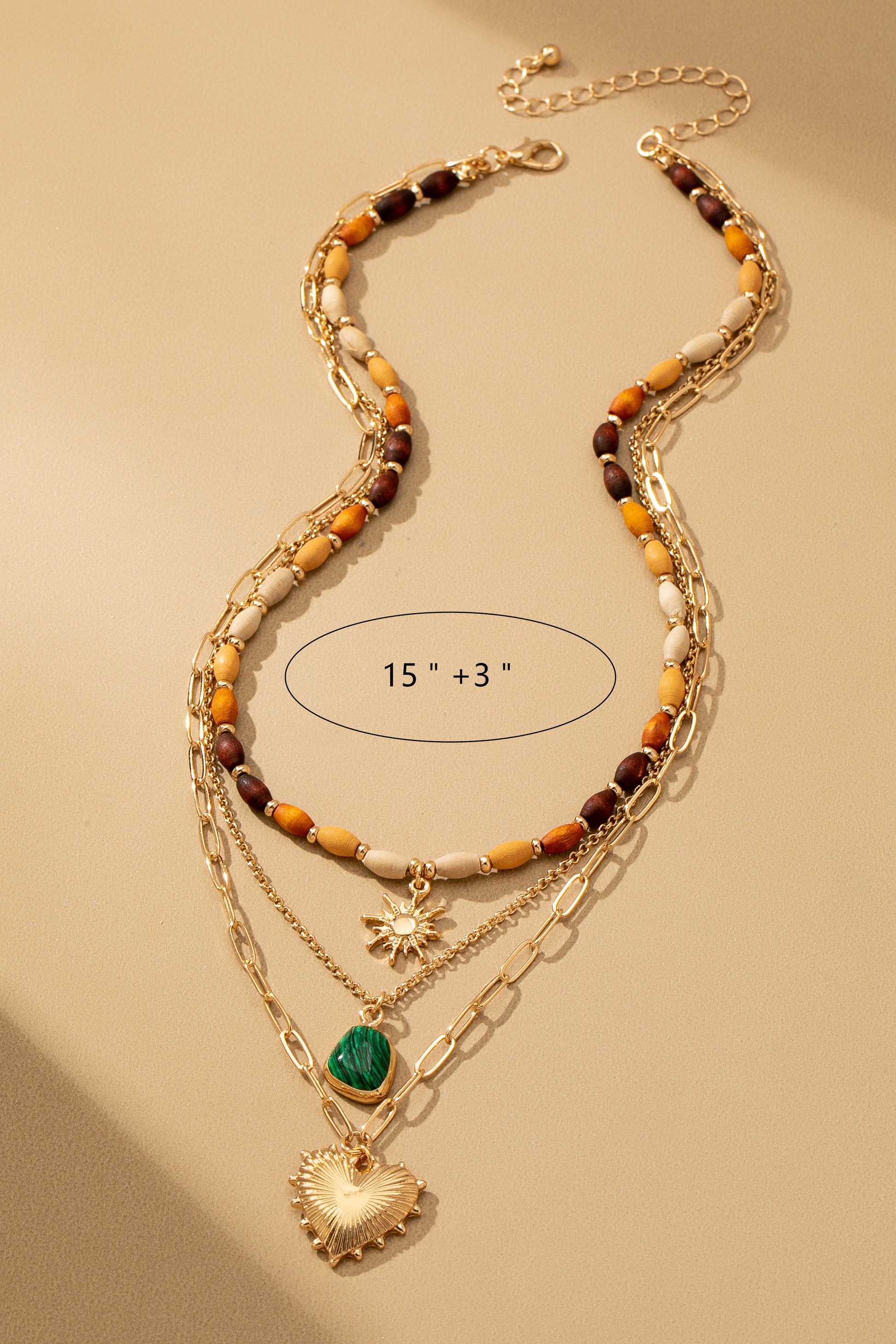 Layered Wood Bead & Charm Necklace