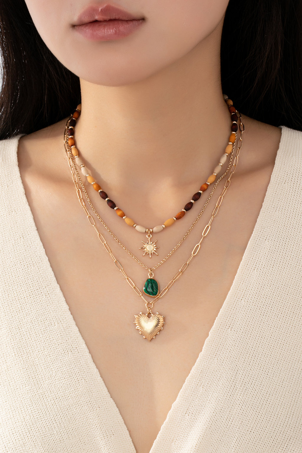 Layered Wood Bead & Charm Necklace