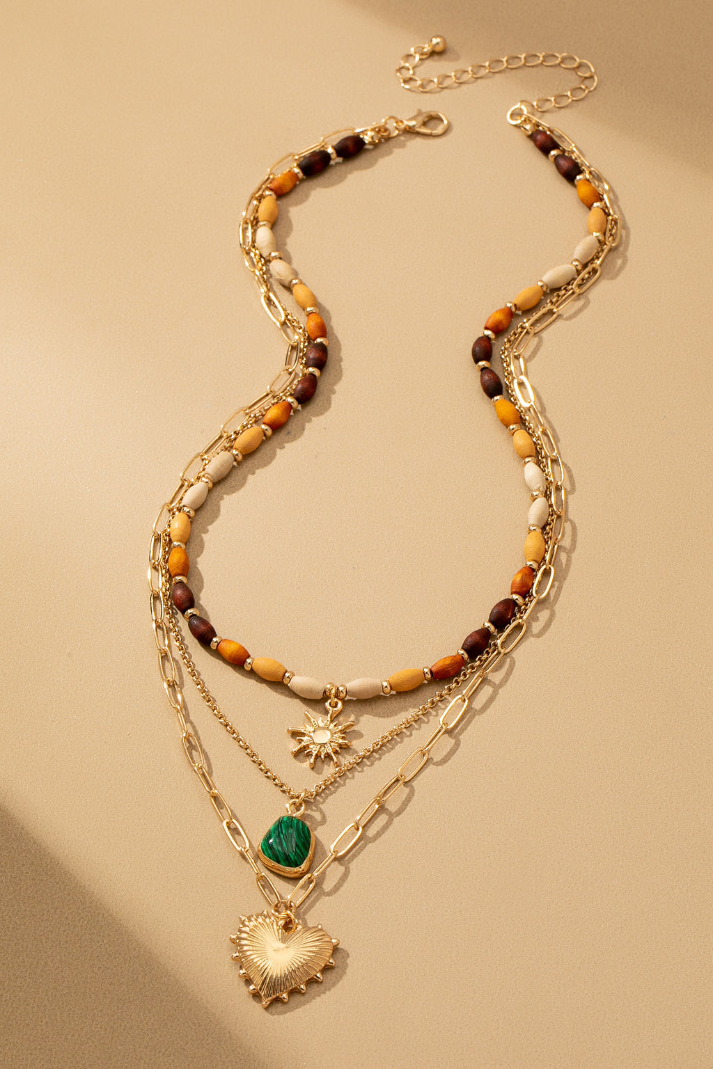 Layered Wood Bead & Charm Necklace