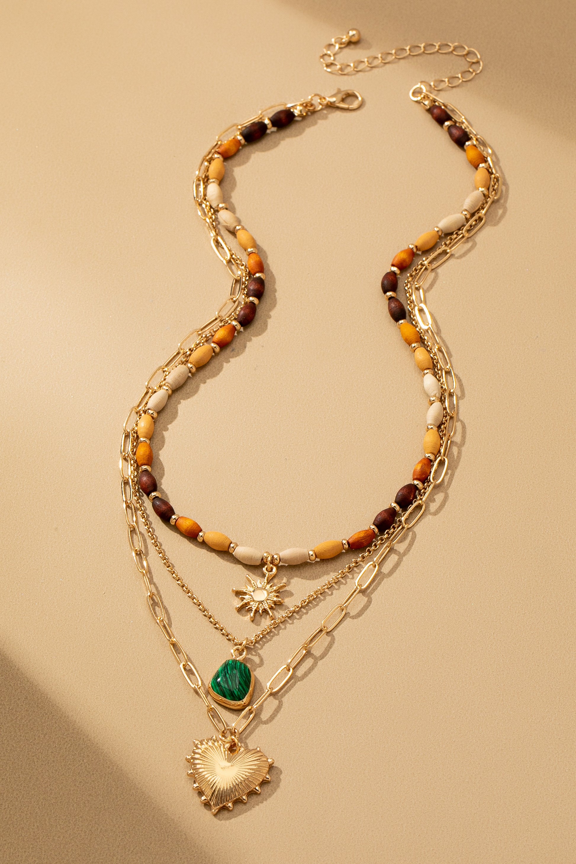 Layered Wood Bead & Charm Necklace