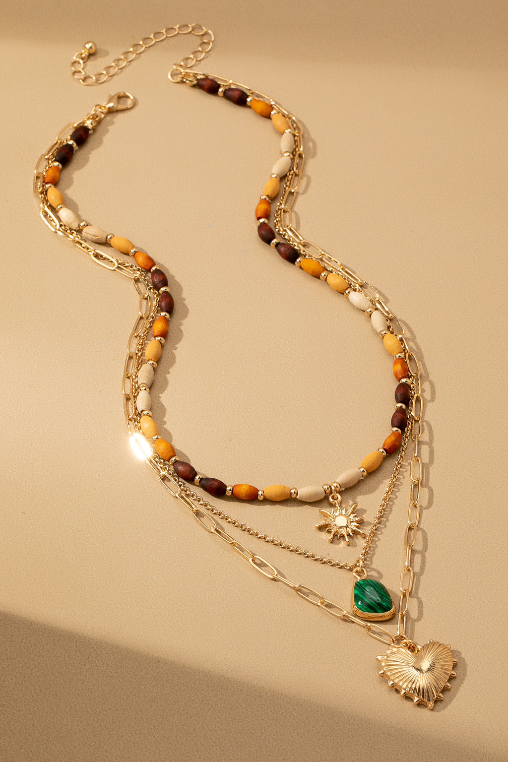 Layered Wood Bead & Charm Necklace
