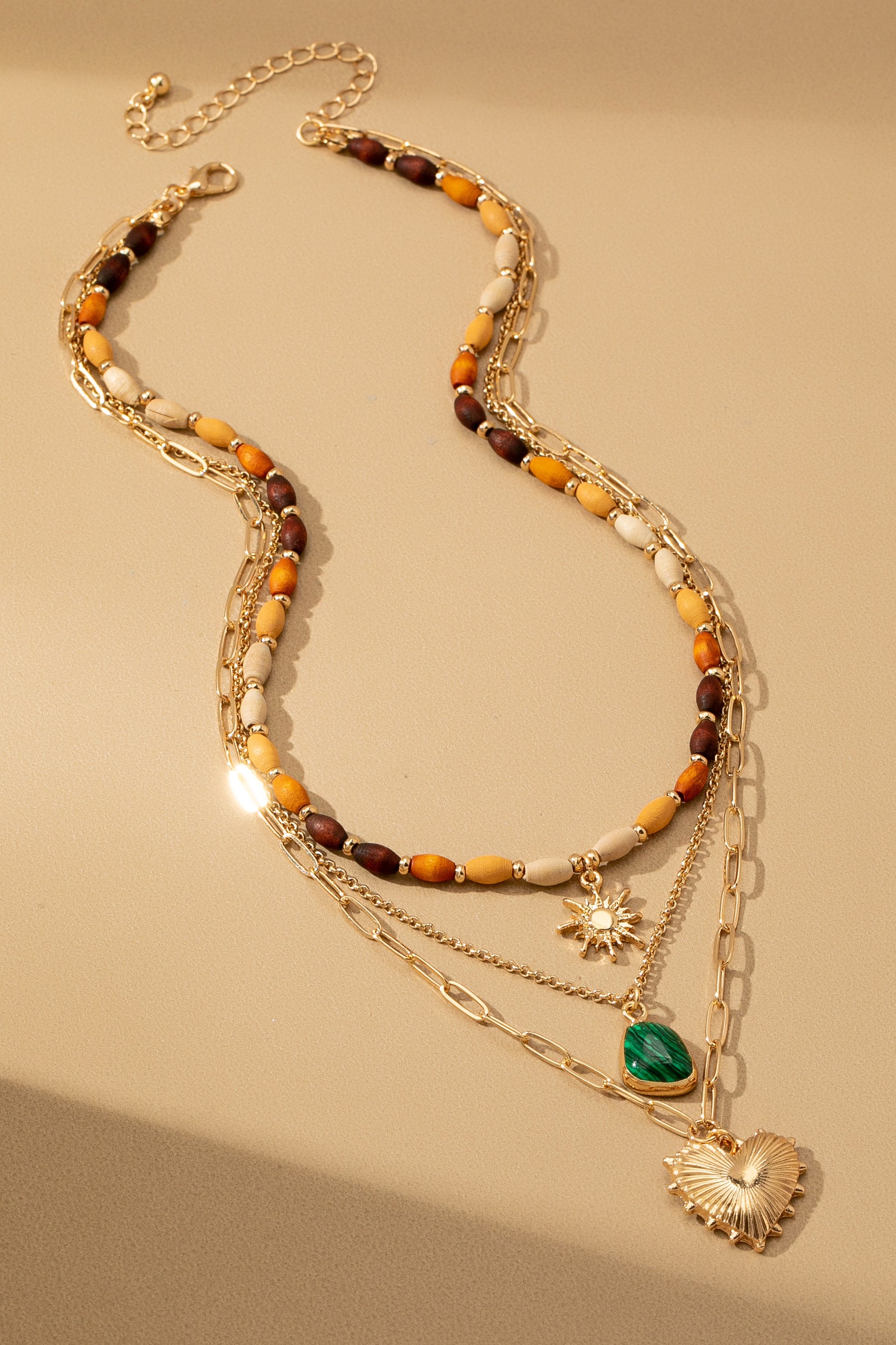 Layered Wood Bead & Charm Necklace