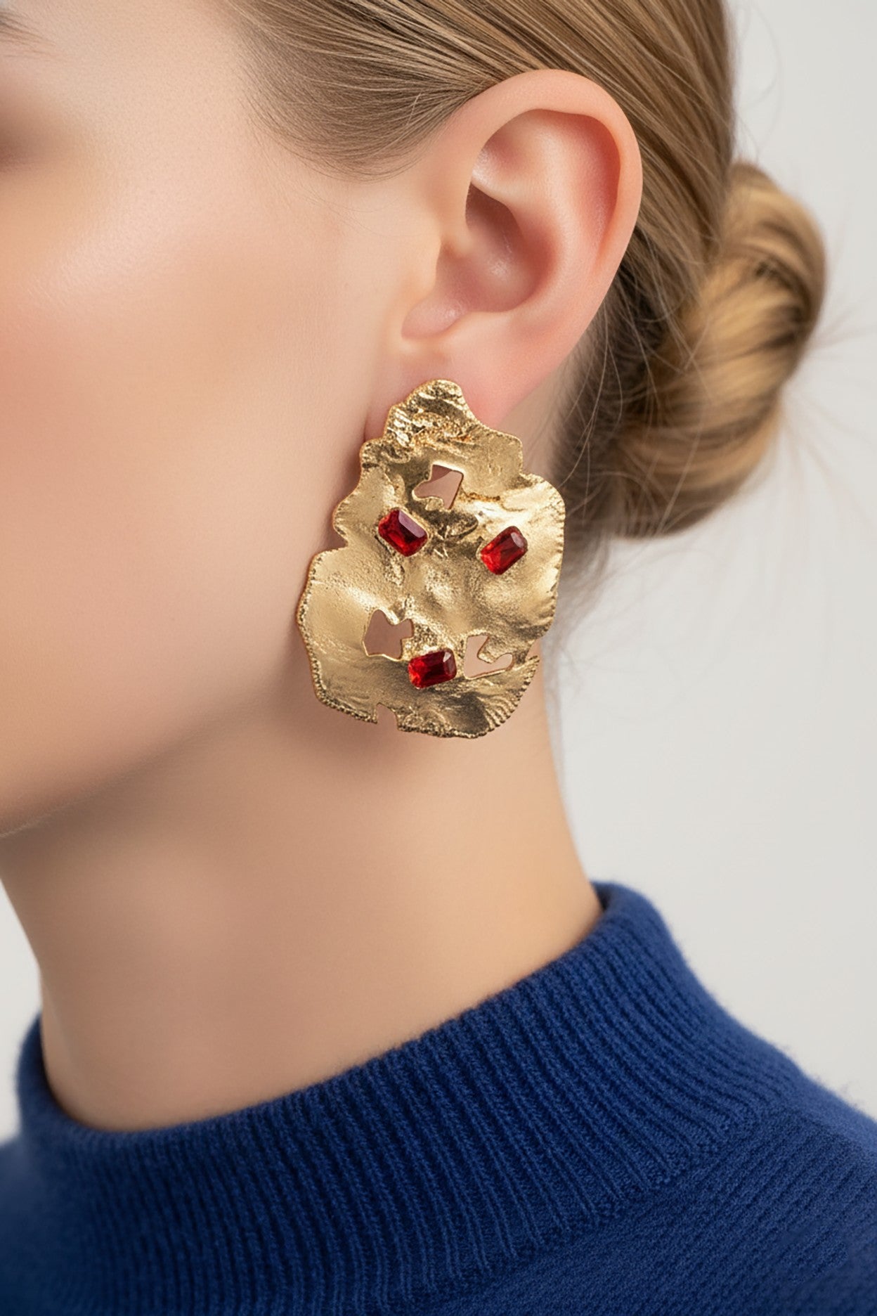 Red Gem Hammered Statement Earrings