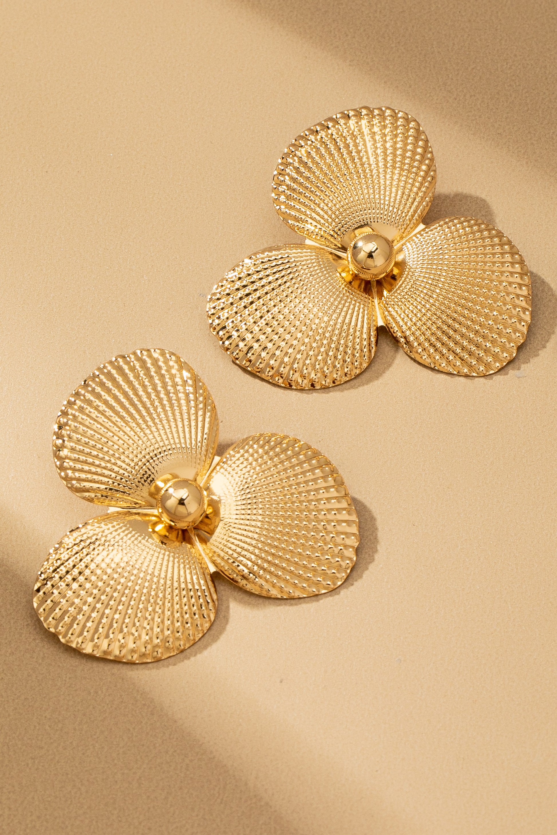 Gold Textured Tri-Petal Statement Earrings