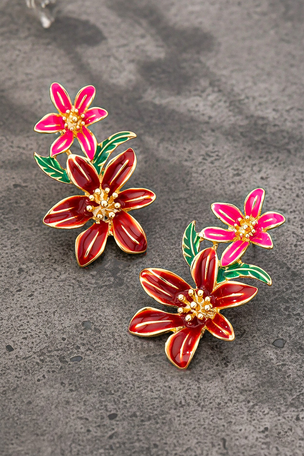 Double Red Enamel Flower Earrings