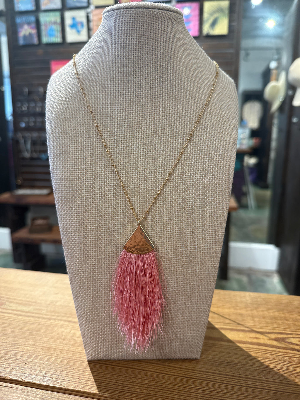 Pink Fan Tassel Hammered Necklace