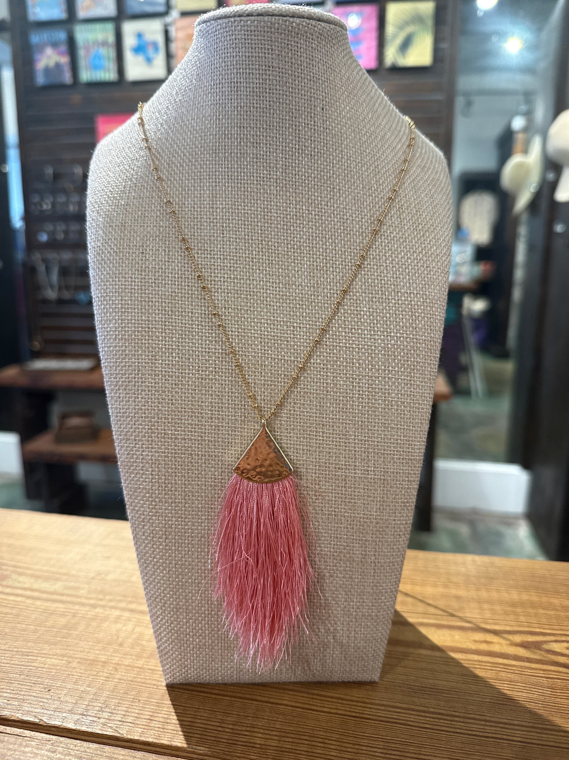 Pink Fan Tassel Hammered Necklace
