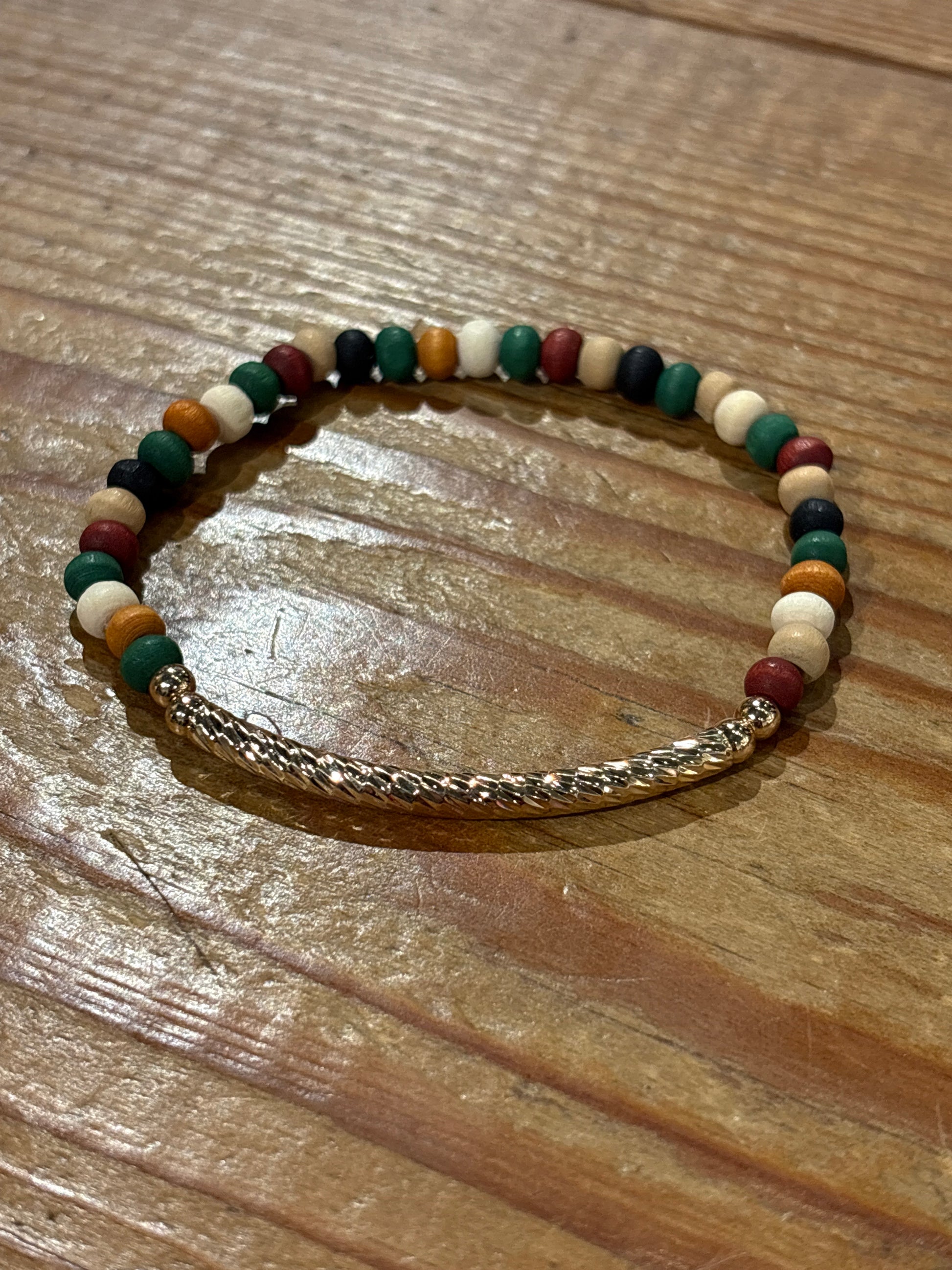 Multi Wood Bead Stretch Bracelet With Metal Tube