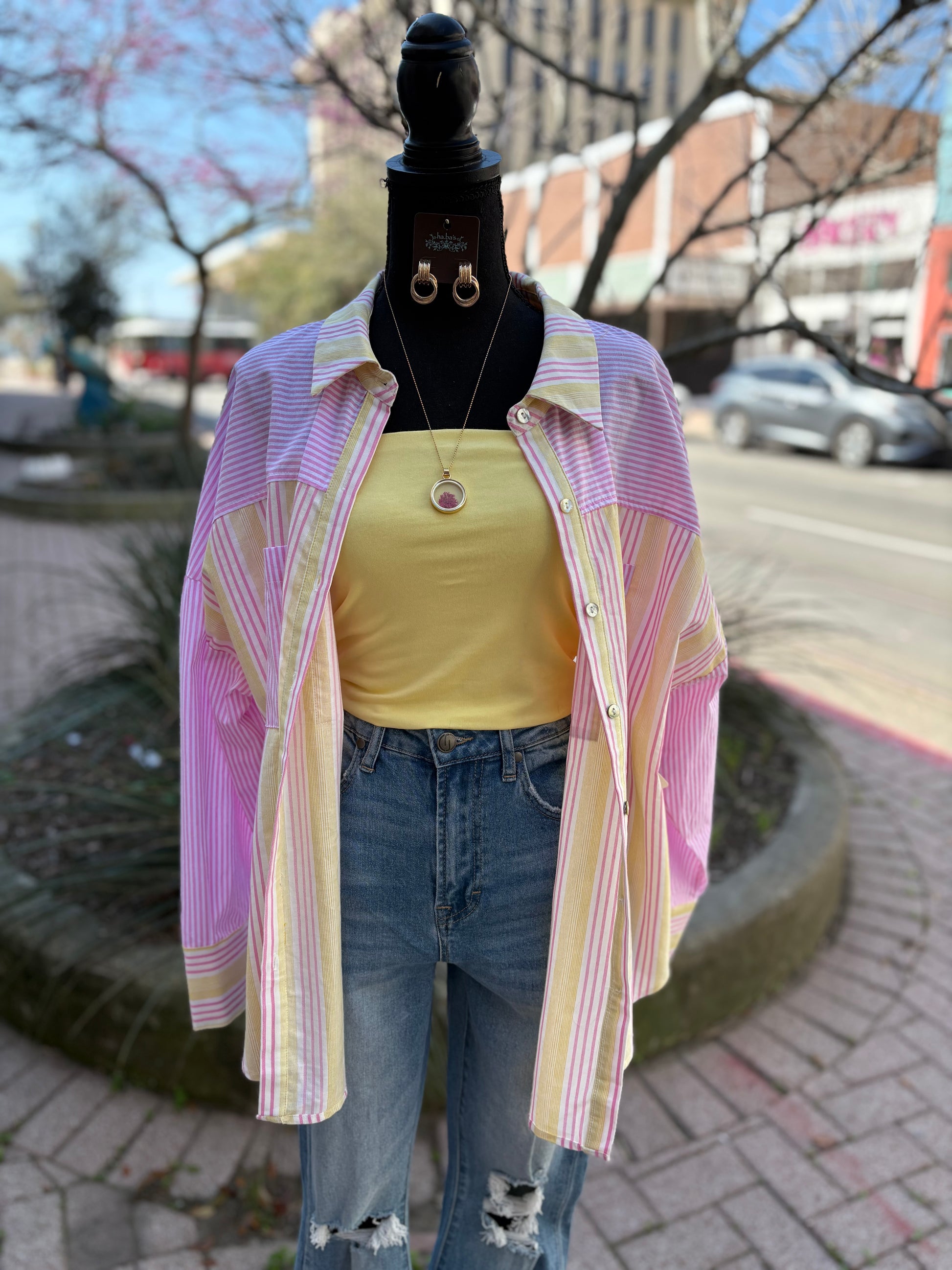 Plus Size Saffron Stripe Button Down Top