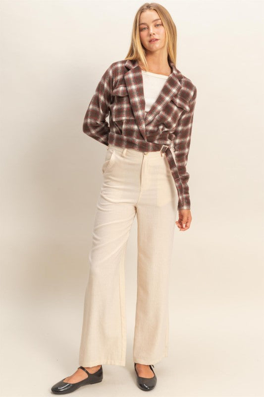 Belted Plaid Cropped Jacket - Brown