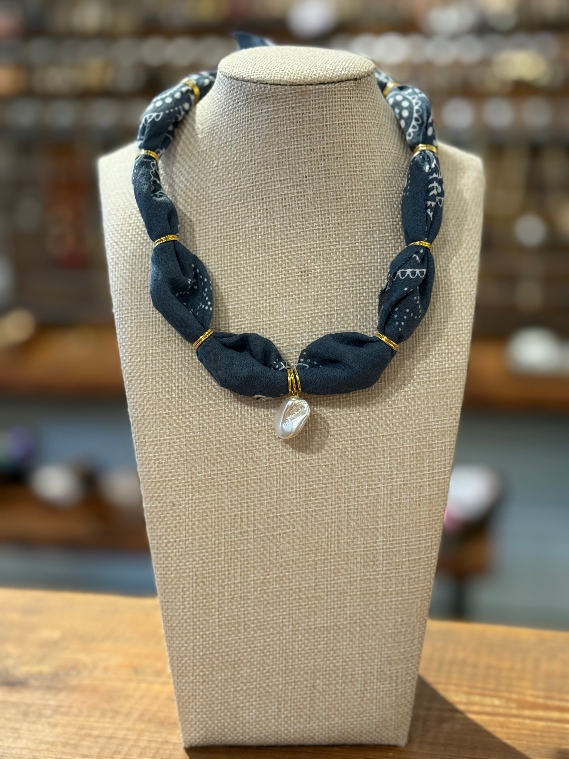 Costal Cowboys Bandana Necklace - Denim Pearl